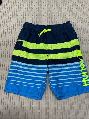 Hurley Swim Trunks Boys Size 8 Blue Lime Green Excellent Striped‎ Board Shorts